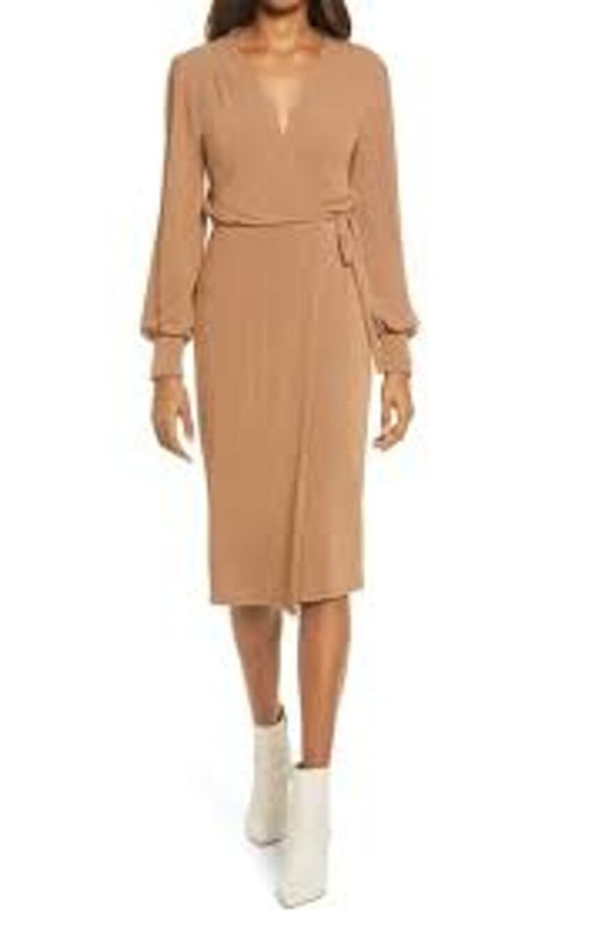 Fraiche By J Womens Sweater Dress Medium Taupe Stretch Wrap Midi Stretch NWT